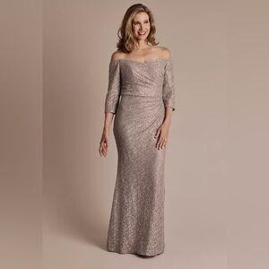 Oleg Cassini Long Sleeve Lace Dress in Taupe